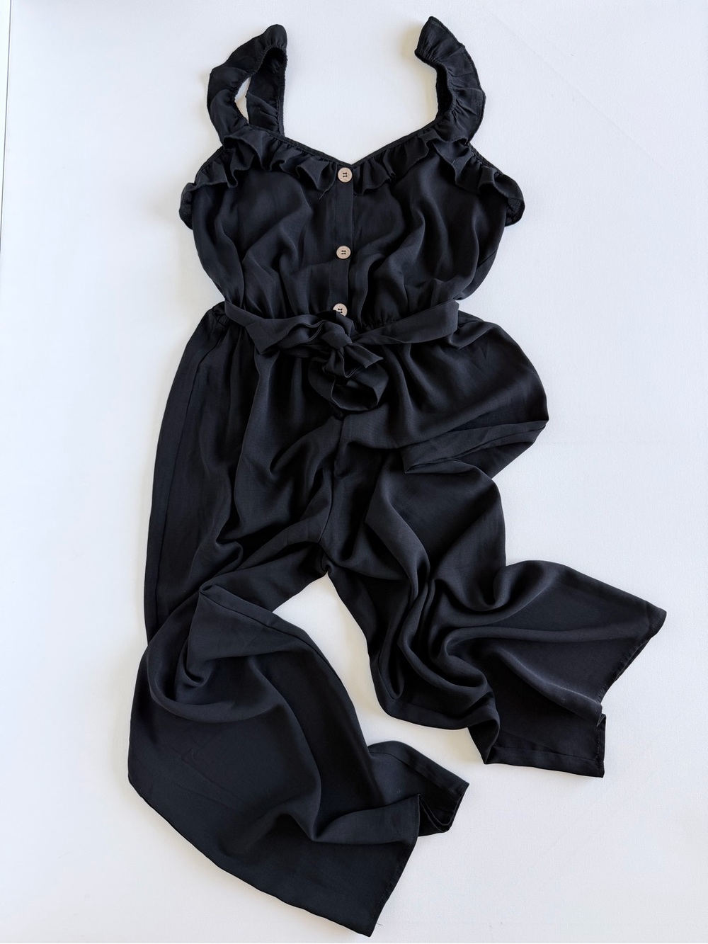 Inspired Hearts Black Wide Leg Jumpsuit Ruffle Straps Tie Waist Size Large
